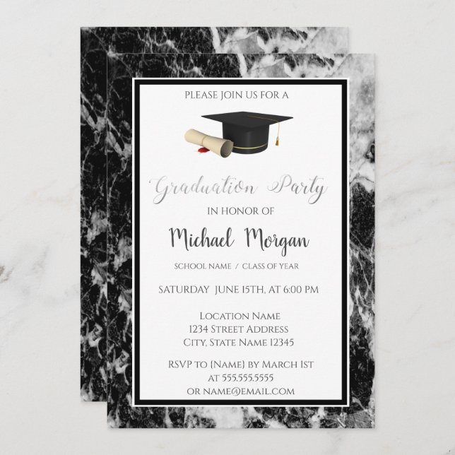 Elegant Graduation Cap Marble Graduation Party Invitation (Front/Back)