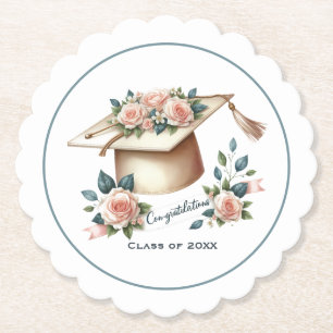 Elegant Graduation Cap & Roses Artwork Paper Coaster