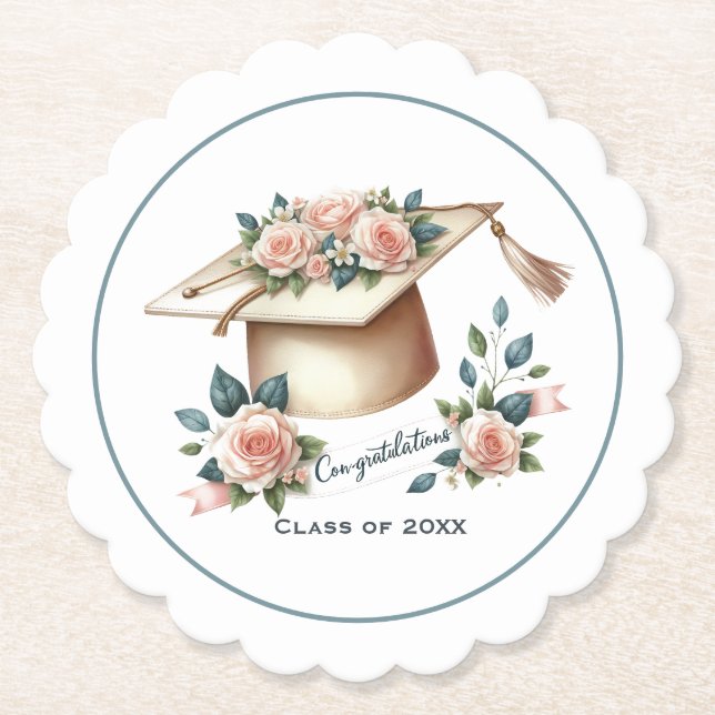  Elegant Graduation Cap & Roses Artwork Paper Coaster (Front)