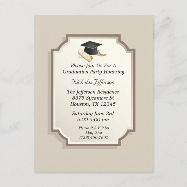 Elegant Graduation Cap Scroll Invitation Postcard (Front)