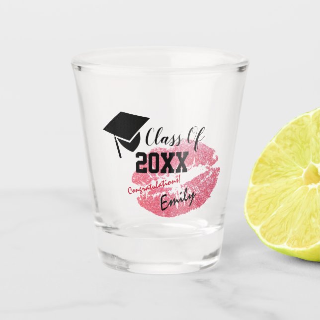 Elegant Graduation & Class 20XX, Pink Glitter Kiss Shot Glass (Front)