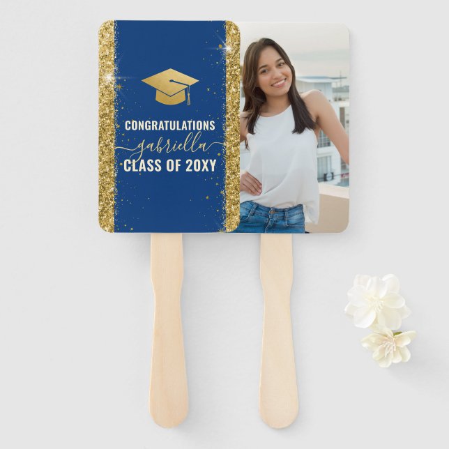 Elegant Graduation Custom Photo Blue Gold Hand Fan (Front and Back)