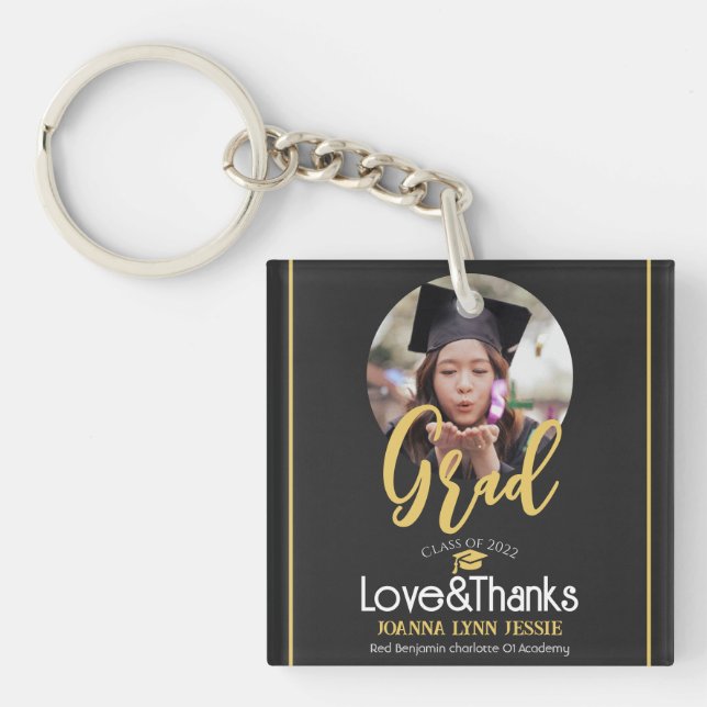 Elegant Graduation gold Cap Thanks Script Photo Key Ring (Front)