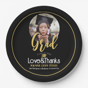 Elegant Graduation gold Cap Thanks Script Photo Paper Plate