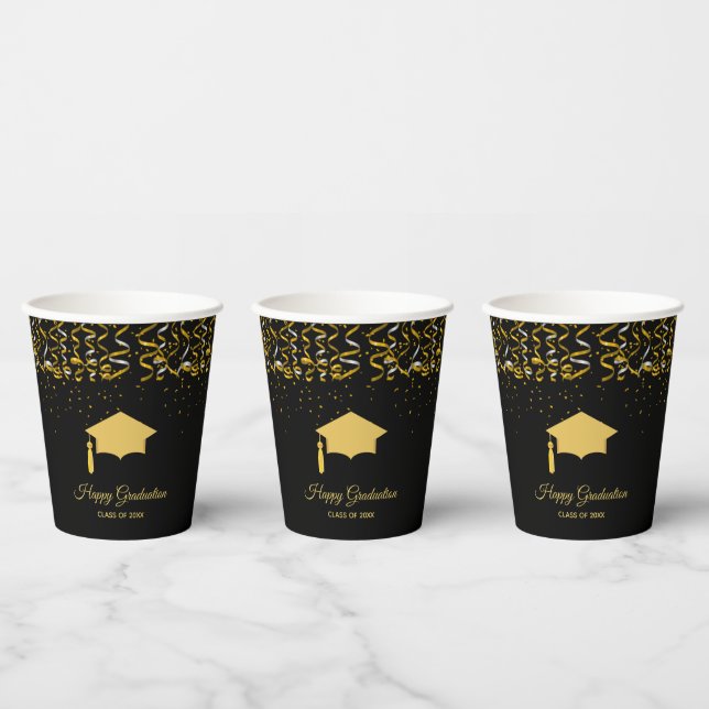 Elegant Graduation Golden Confetti on Black Paper Cups (Multi)