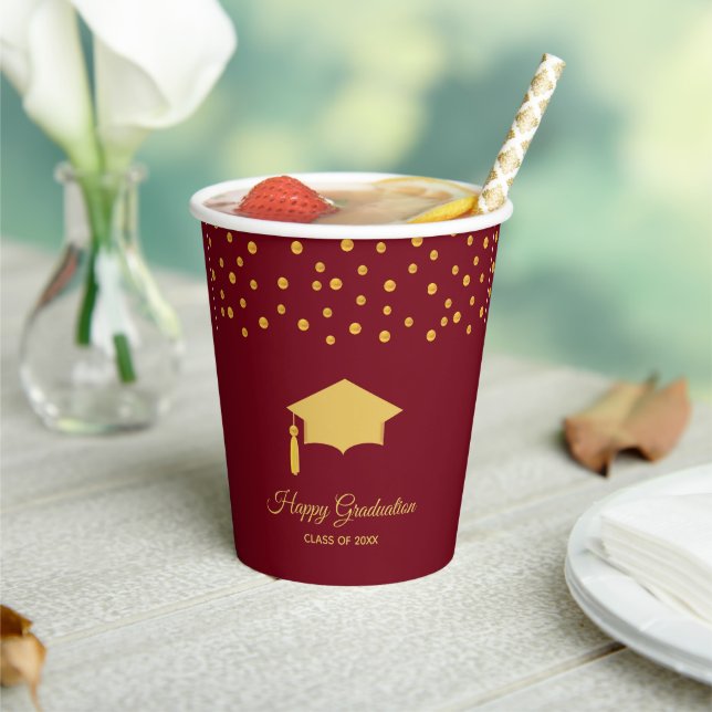 Elegant Graduation Golden Confetti on Burgundy Pap Paper Cups (Insitu)