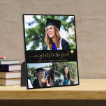 Elegant graduation grad 3 photo collage gold black plaque<br><div class="desc">Stylish unique elegant simple black and gold trendy handwriting calligraphy script congrats to the grad photo grid collage graduation congratulations chic keepsake plaque with three custom photos and your text.                  Personalise it with your pictures and text!</div>