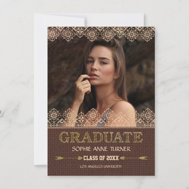 Elegant Graduation Invitations | Lace Gold Glitter (Front)
