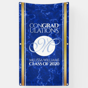 Elegant Graduation Monogram Blue Marble Gold Foil Banner