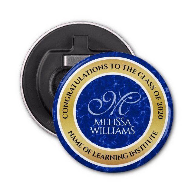 Elegant Graduation Monogram Blue Marble Gold Foil Bottle Opener (Front)