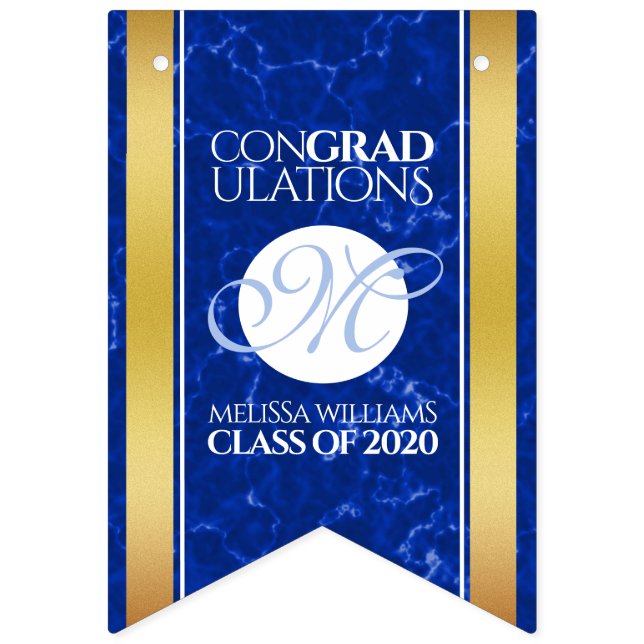 Elegant Graduation Monogram Blue Marble Gold Foil Bunting (First Flag)