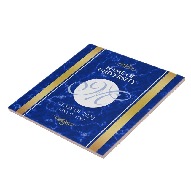 Elegant Graduation Monogram Blue Marble Gold Foil Ceramic Tile (Side)
