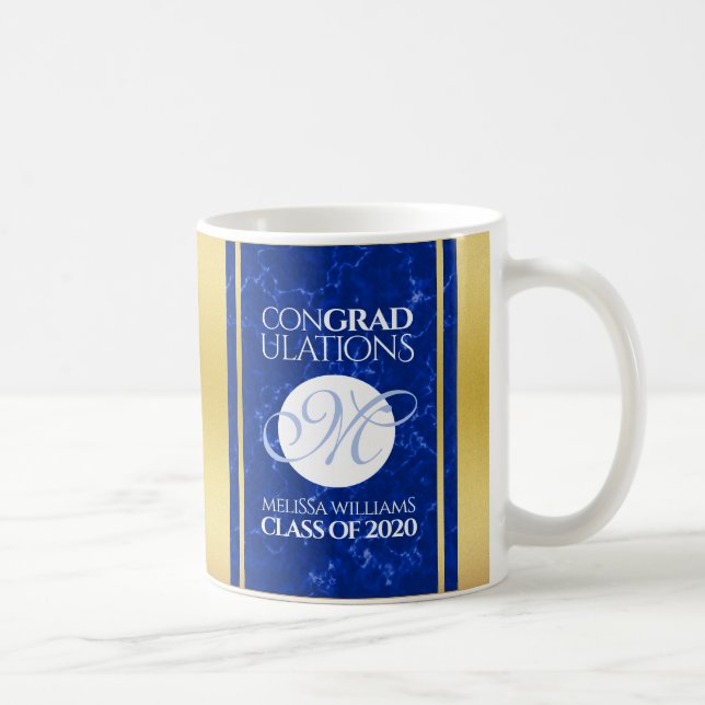 Elegant Graduation Monogram Blue Marble Gold Foil Coffee Mug (Right)