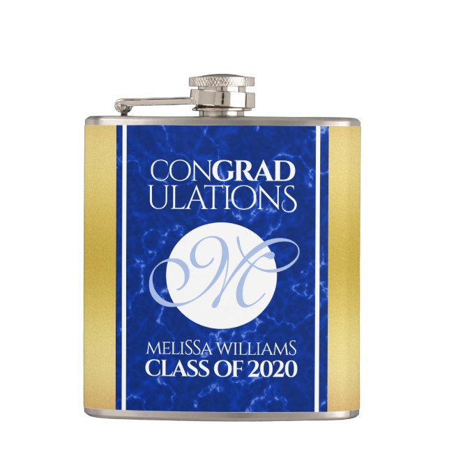 Elegant Graduation Monogram Blue Marble Gold Foil Hip Flask (Front)