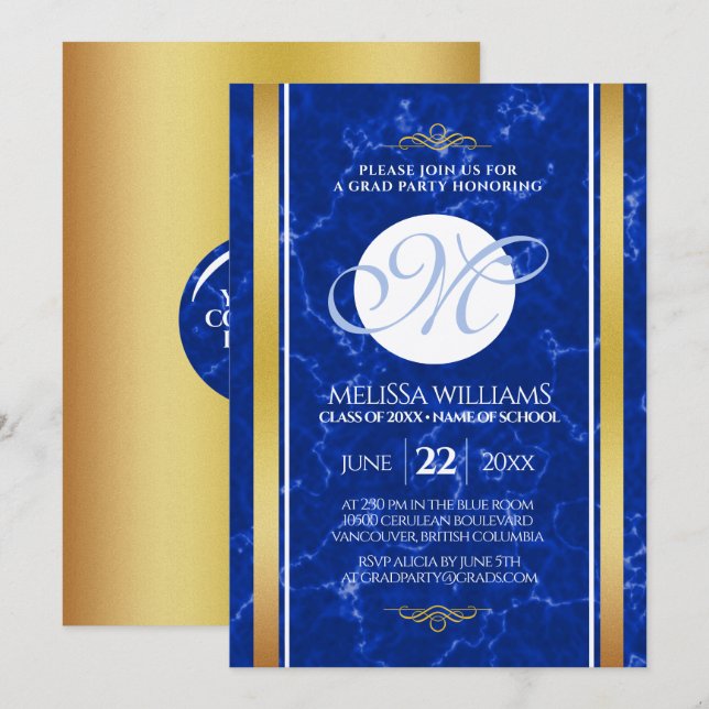 Elegant Graduation Monogram Blue Marble Gold Foil Invitation (Front/Back)
