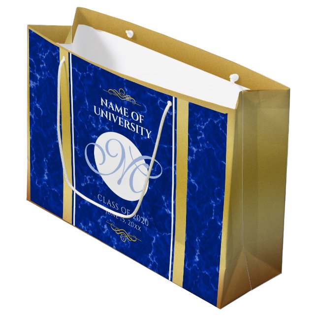 Elegant Graduation Monogram Blue Marble Gold Foil Large Gift Bag (Front Angled)