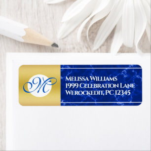 Elegant Graduation Monogram Blue Marble Gold Foil Return Address Label