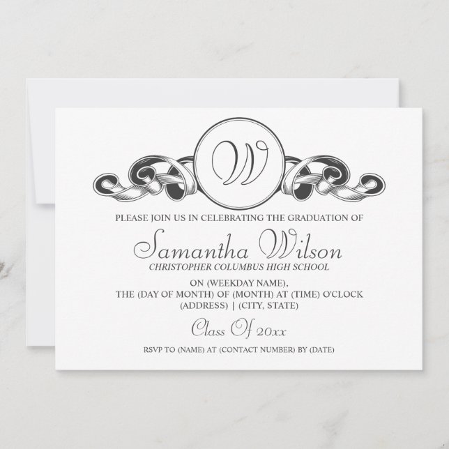 Elegant Graduation Monogram Ribbon Black Invitation (Front)
