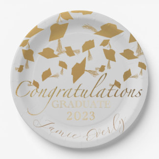Elegant Graduation Ombre Gold Cap Toss Paper Plate