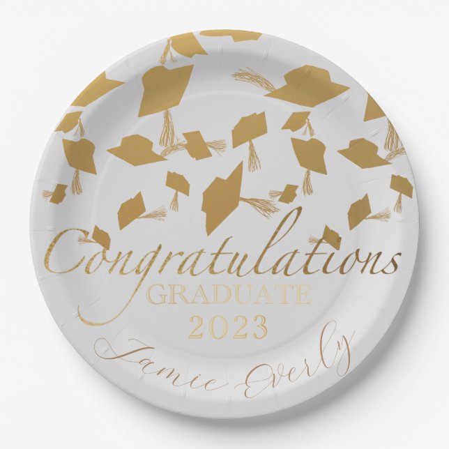 Elegant Graduation Ombre Gold Cap Toss Paper Plate (Front)