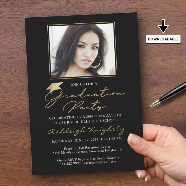 Elegant Graduation One Photo Black Gold Script Cap Invitation (Creator Uploaded)