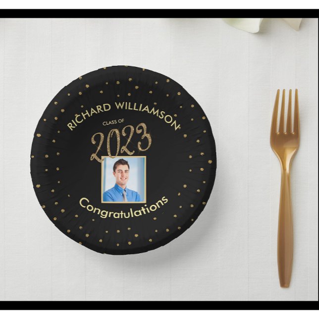 Elegant Graduation Party Photo Black Gold Paper Plate (Creator Uploaded)