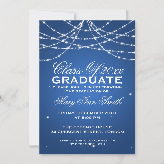 Elegant Graduation Party Sparkling String Blue Invitation (Front)