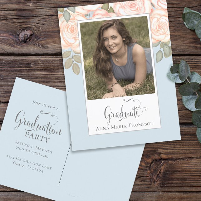 Elegant Graduation Photo Minimalist Floral Blue Postcard (Creator Uploaded)
