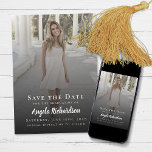 Elegant Graduation Photo Typography Save the Date Announcement<br><div class="desc">Announce your (or your child's) graduation achievement with these elegant "Save the Date" cards featuring featuring your photo with modern script typography. Personalise it with the provided templates for your photo,  name and party date.  Tip: You can change the colour on the back to your school colours.</div>