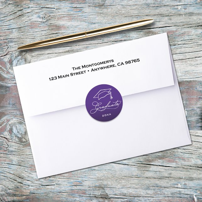 Elegant Graduation Script Purple Envelope Seal (Graduation script and grad hat on purple envelope seals)