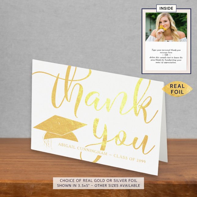 Elegant Graduation Thank You Script Photo Foil Card (Creator Uploaded)