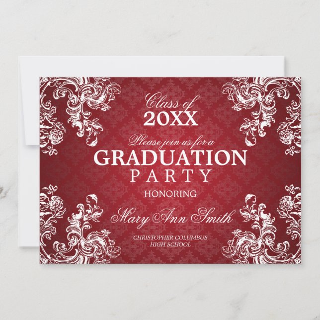 Elegant Graduation Vintage Royal Scroll Red Invitation (Front)