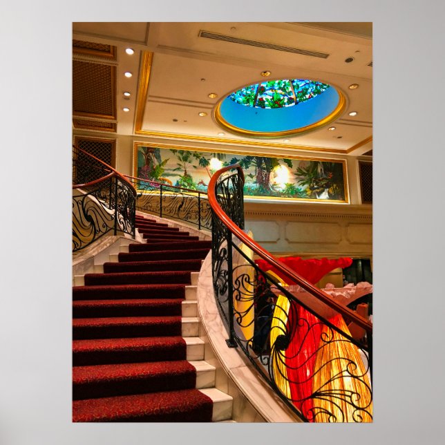 Elegant Grand Staircase with Stained Glass Ceiling Poster (Front)