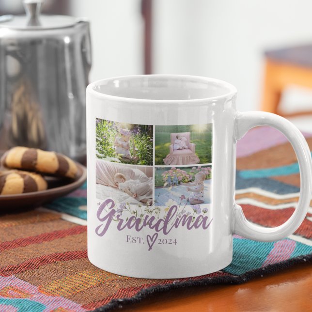 Elegant Grandma Personalised Photo Mug (Mug with "Grandma 2024" and baby photos, cookies, and coffee pot.)