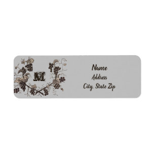 Elegant Grapes and Vines Vintage Etching Monogram Return Address Label