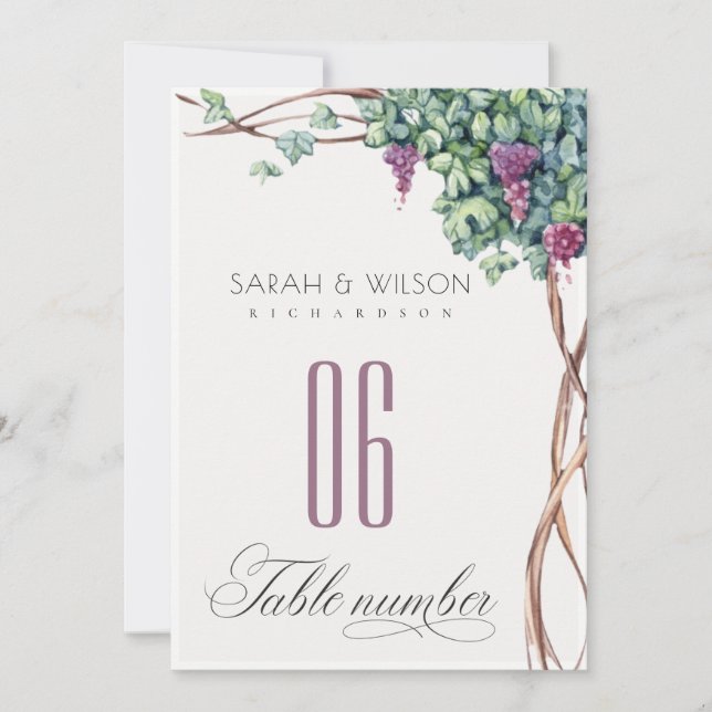 Elegant Grapevine Foliage Wedding Table Number (Front)