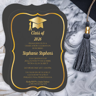 Elegant Graphite | Gold Cap Graduation Party Invitation