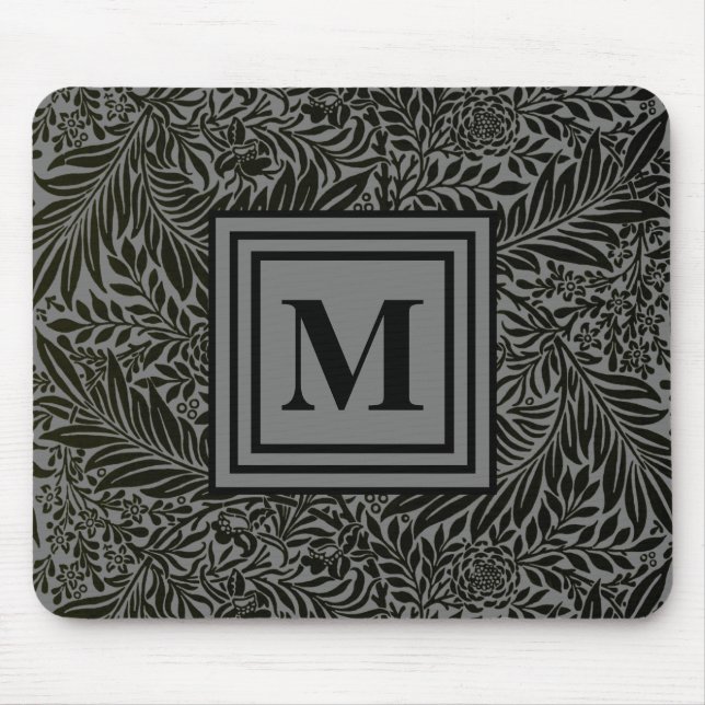 Elegant Gray and Black Monogrammed William Morris Mouse Pad (Front)