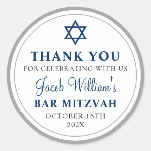 Elegant Gray and Navy Blue Bar Mitzvah Thank You Classic Round Sticker