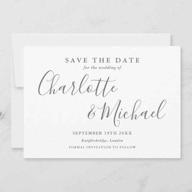 Elegant Gray And White Signature Script Photo Save The Date (Front)