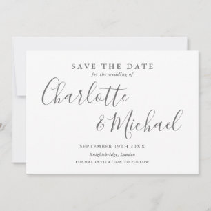 Elegant Gray And White Signature Script Photo Save The Date