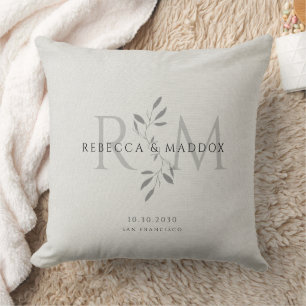 Elegant Gray Botanical Monogram Wedding Cushion