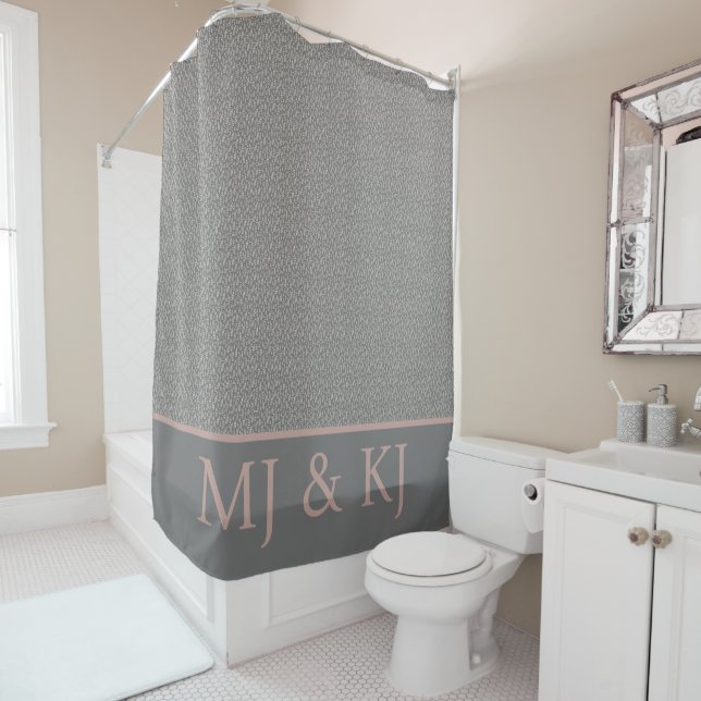 ELEGANT GRAY CREAM MONOGRAM INITIALS LEAF PATTERN  SHOWER CURTAIN (In Situ)