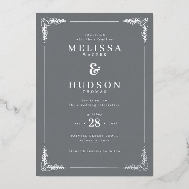 Elegant Gray Floral Wedding Invitation (Front)