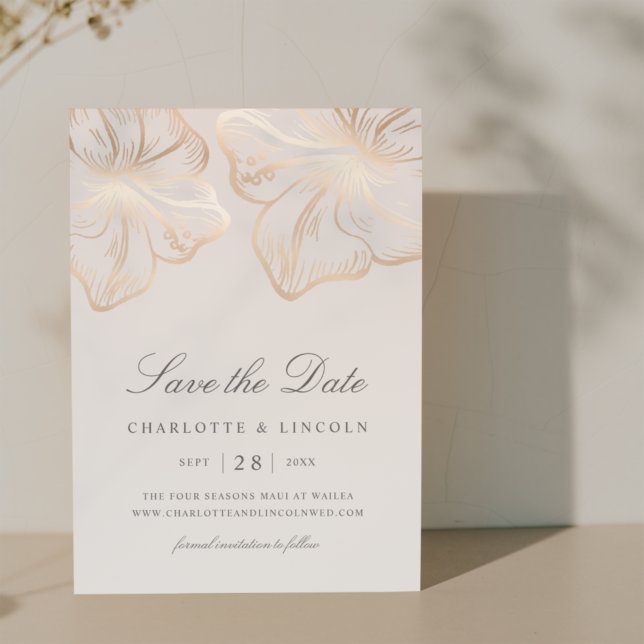 Elegant Gray & Gold Hibiscus Flower Wedding Save The Date (Creator Uploaded)