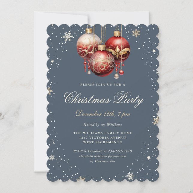 Elegant Gray Gold Red Ornaments Christmas Party Invitation (Front)