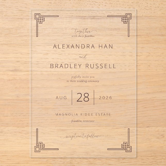 Elegant Gray Greek Key Wedding Invitations (Front)