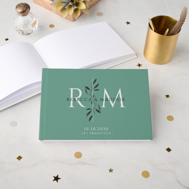 Elegant Gray Green Botanical Monogram Wedding Guest Book (Front Open)