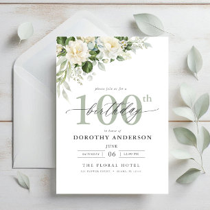 Elegant Gray Green Floral 100th Birthday Invitation