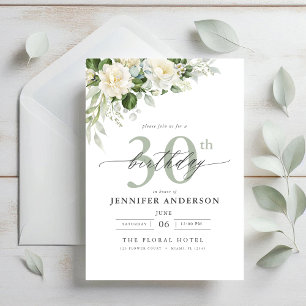 Elegant Gray Green Floral 30th Birthday Invitation